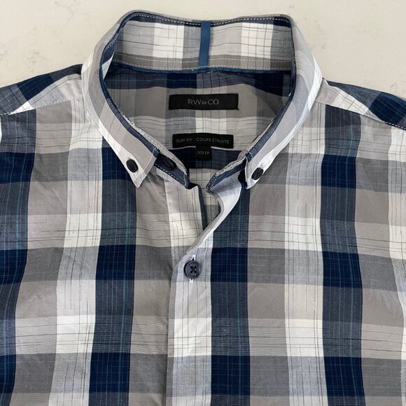 RW&CO. Slim Fit 100% Cotton Button Down Plaid Shirt Navy White Grey Sz XS - Picture 3 of 14